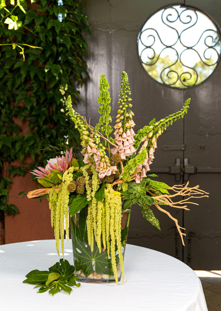 Textured Foilage and Exotic flowers, sand-blasted manzanita branch